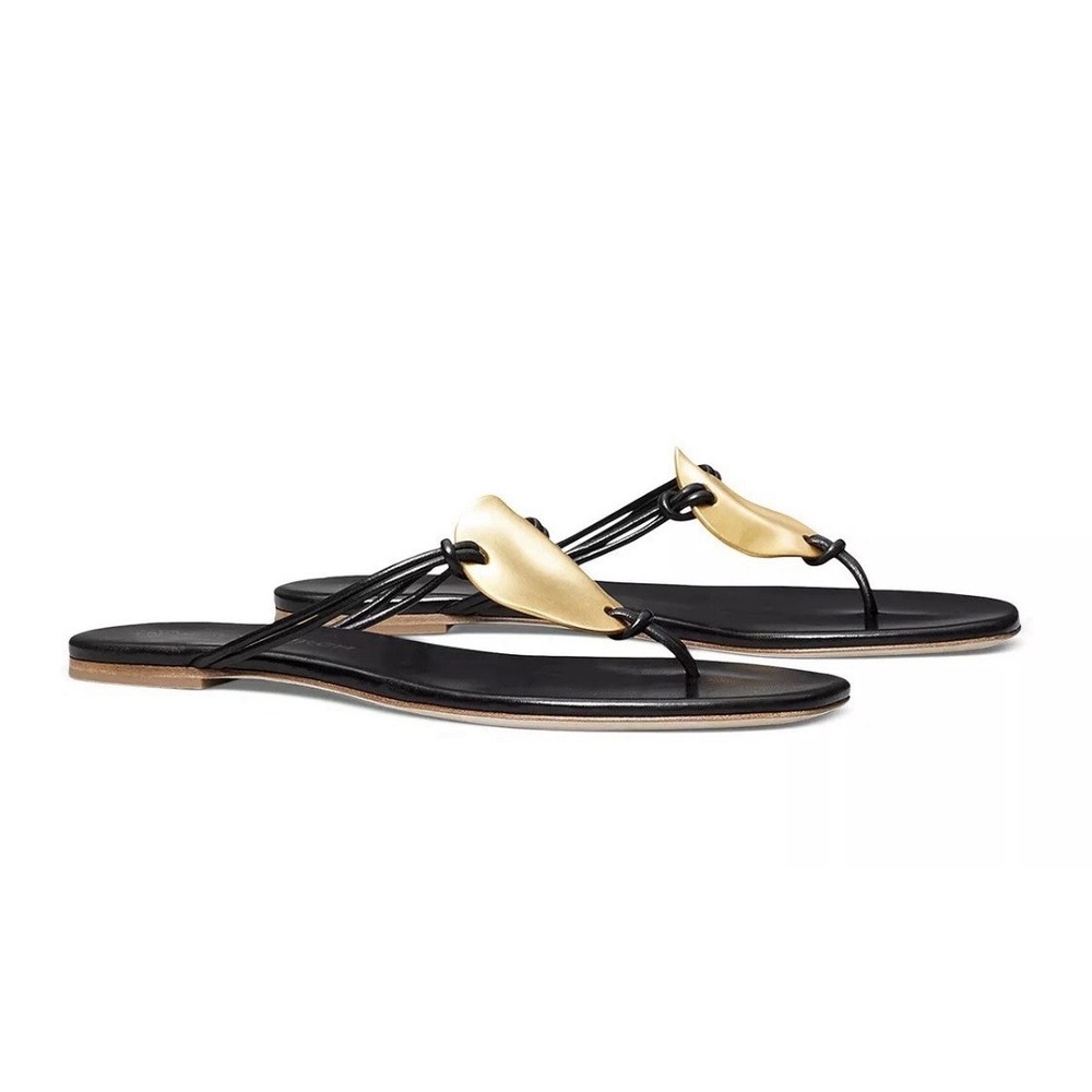 New Tory Burch Patos Disk Leather Thong Sandal BLACK 8.5